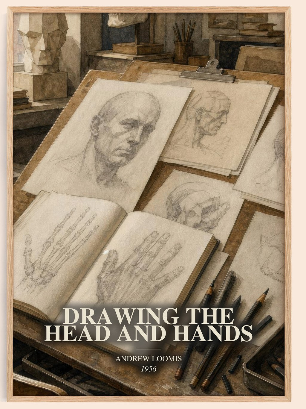 Drawing the head and hands watercolour book poster by Andrew Loomis – framed literary art print