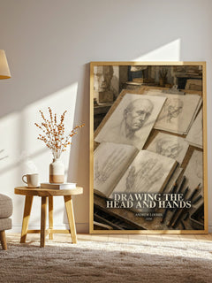 Drawing the head and hands watercolour print in frame leaning in hallway – non fiction wall art