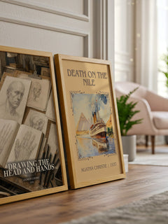 Drawing the head and hands watercolour print framed by window – literary home decor