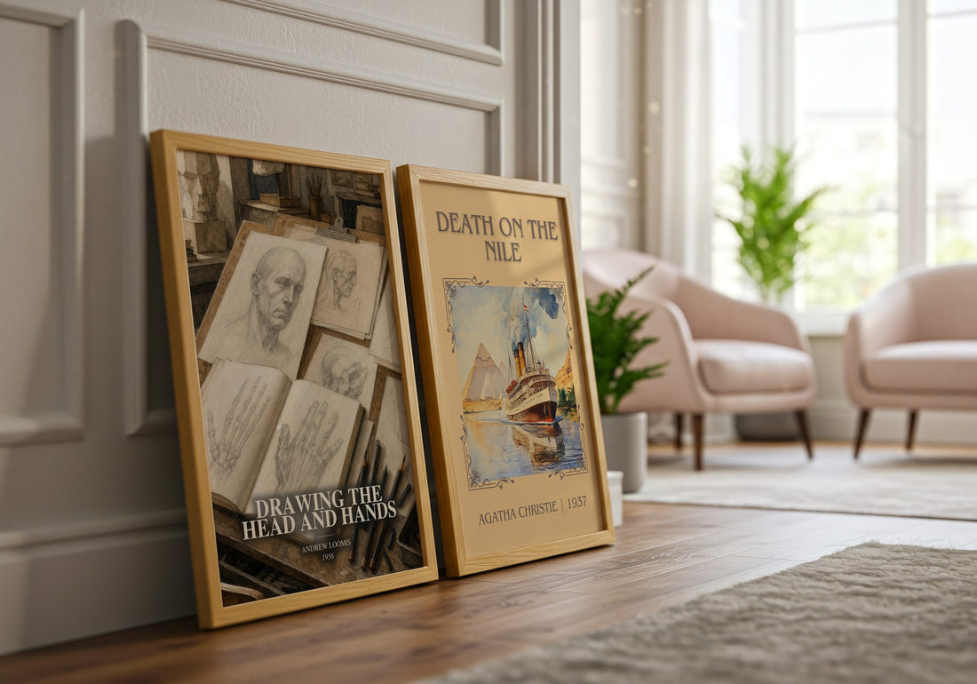 Drawing the head and hands watercolour print framed by window – literary home decor