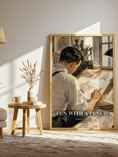 Fun With a Pencil watercolour print in frame leaning in hallway – non fiction wall art