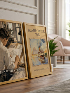 Fun With a Pencil watercolour print framed by window – literary home decor
