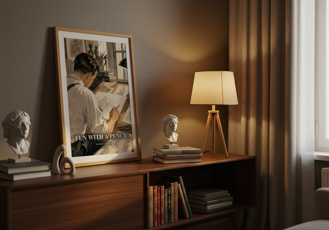 Fun With a Pencil watercolour print on bookshelf – Andrew Loomis fan gift