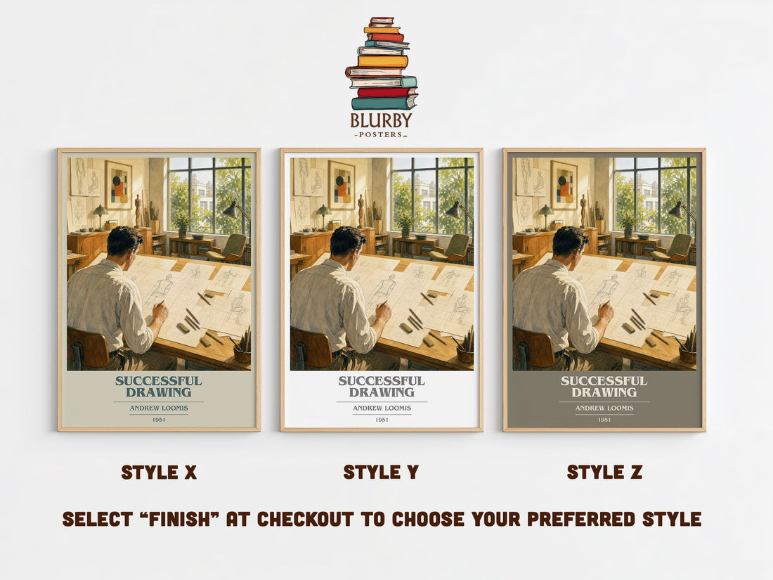 Successful drawing book cover print in frame leaning in hallway – non fiction wall art (mockup)