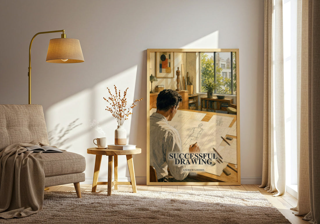 Successful drawing watercolour print in frame leaning in hallway – non fiction wall art