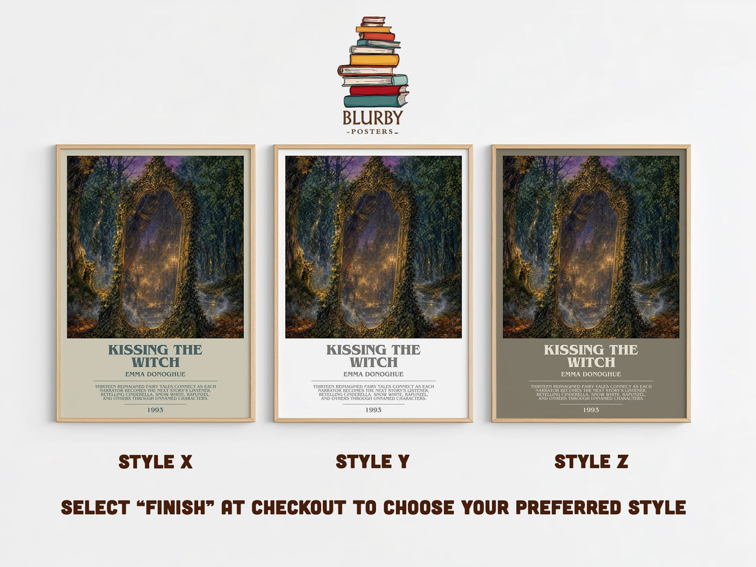 Kissing the Witch bookish print in frame leaning in hallway – literary fiction wall art (mockup)