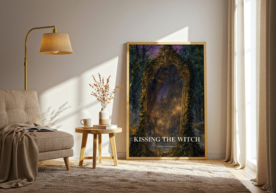Kissing the Witch watercolour print in frame leaning in hallway – literary fiction wall art