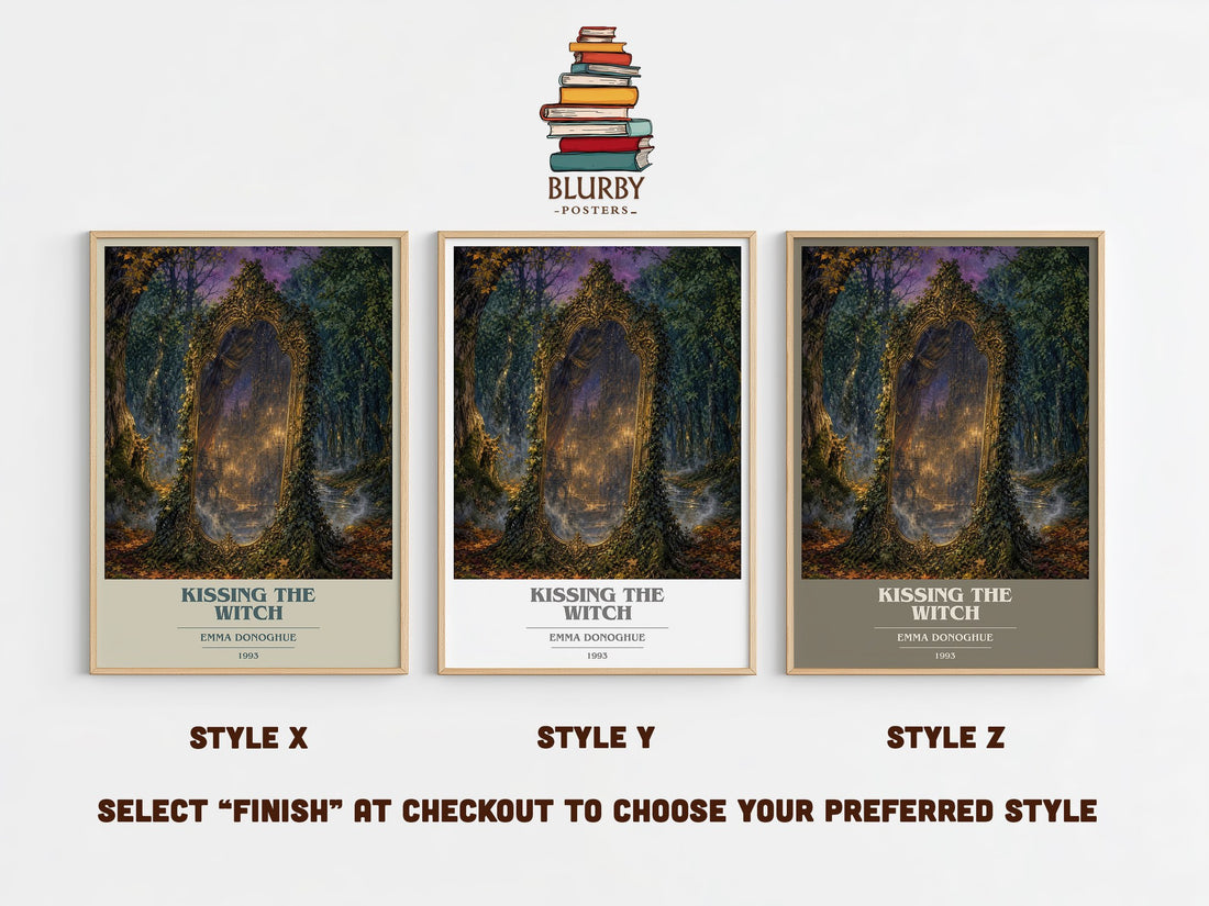 Kissing the Witch book cover print in frame leaning in hallway – literary fiction wall art (mockup)