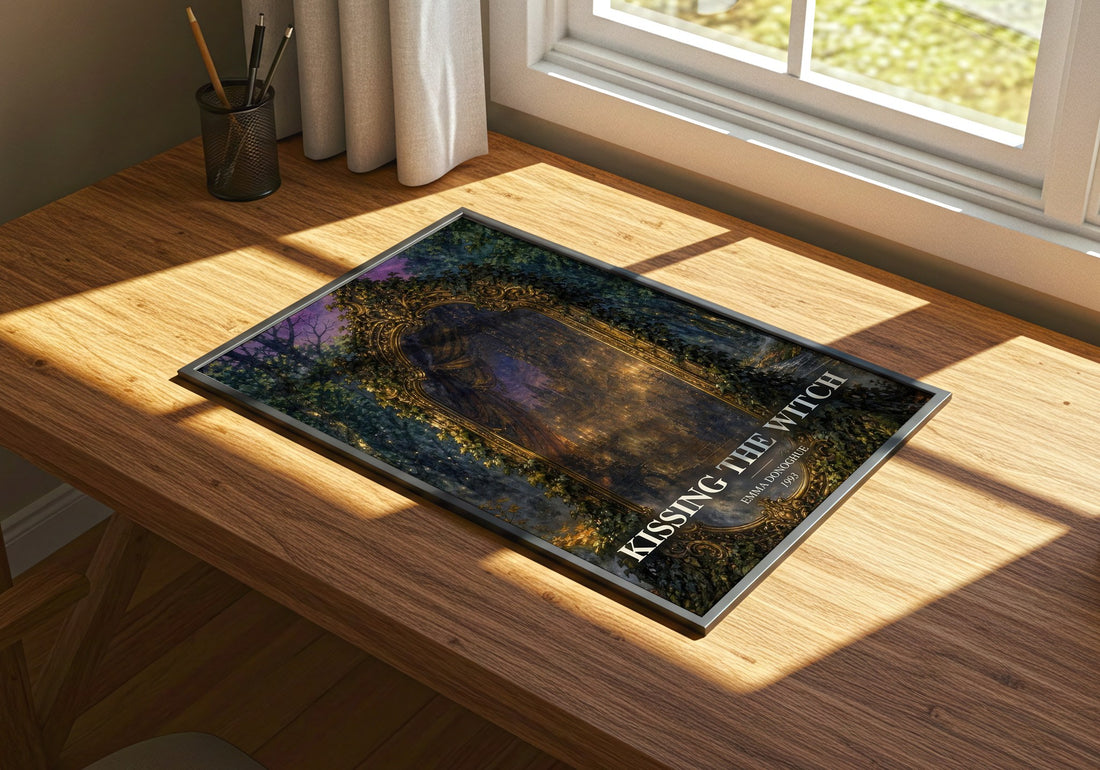 Kissing the Witch watercolour book poster framed on wall – literary fiction wall art