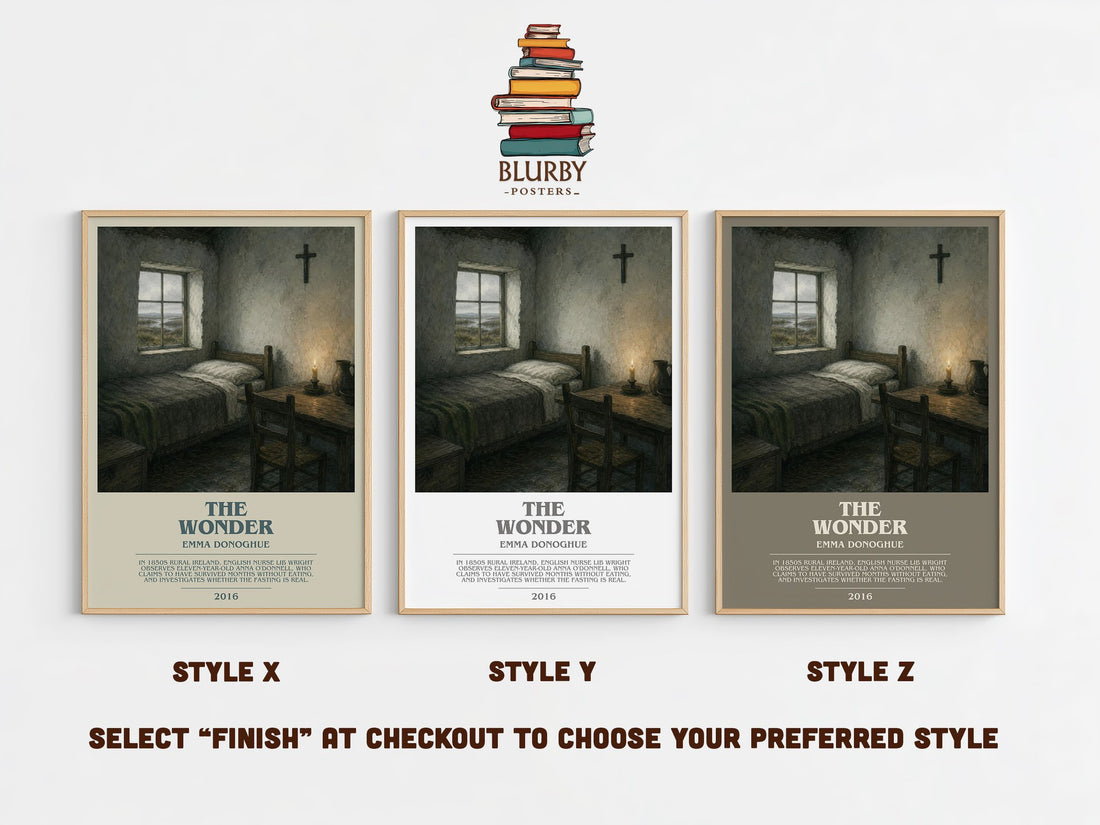The Wonder bookish print in frame leaning in hallway – historical fiction wall art (mockup)