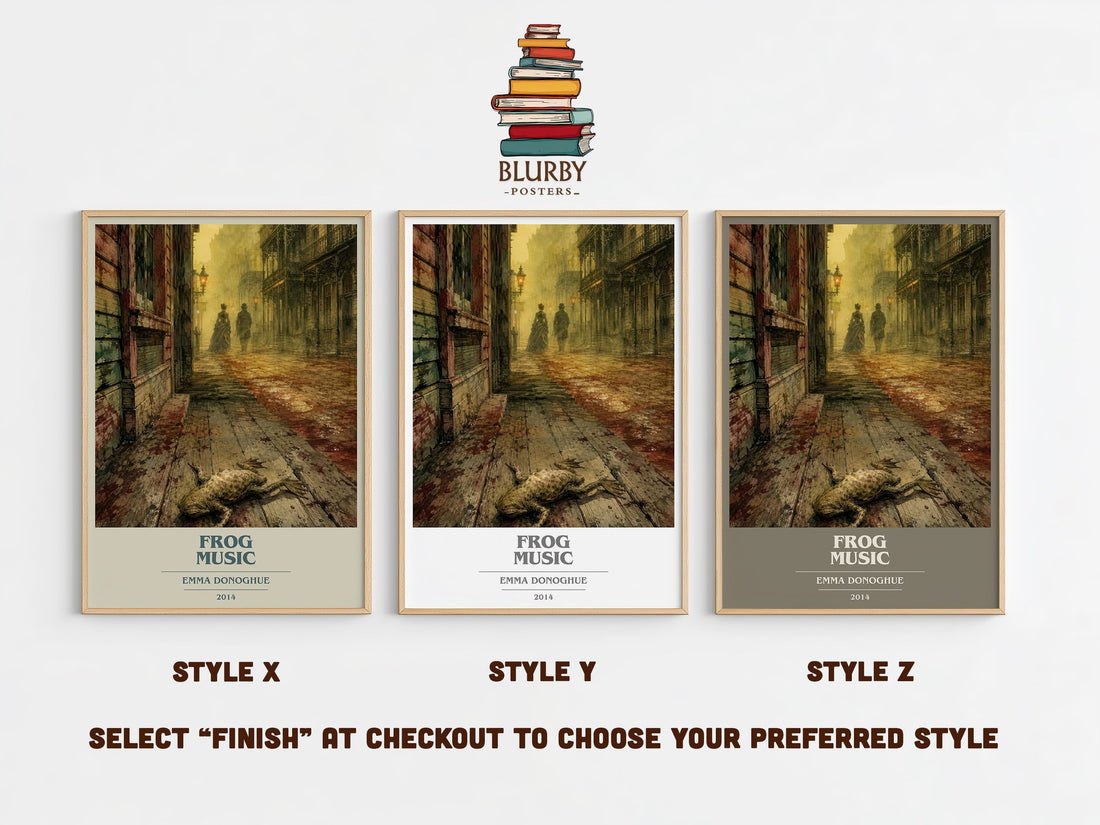 Frog music book cover print in frame leaning in hallway – historical fiction wall art (mockup)