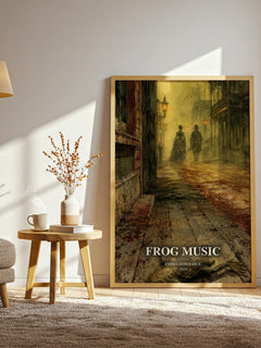 Frog music watercolour print in frame leaning in hallway – historical fiction wall art