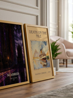 Scarred watercolour print framed by window – literary home decor