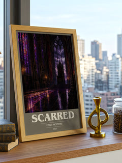 Scarred book cover print framed by window – literary home decor