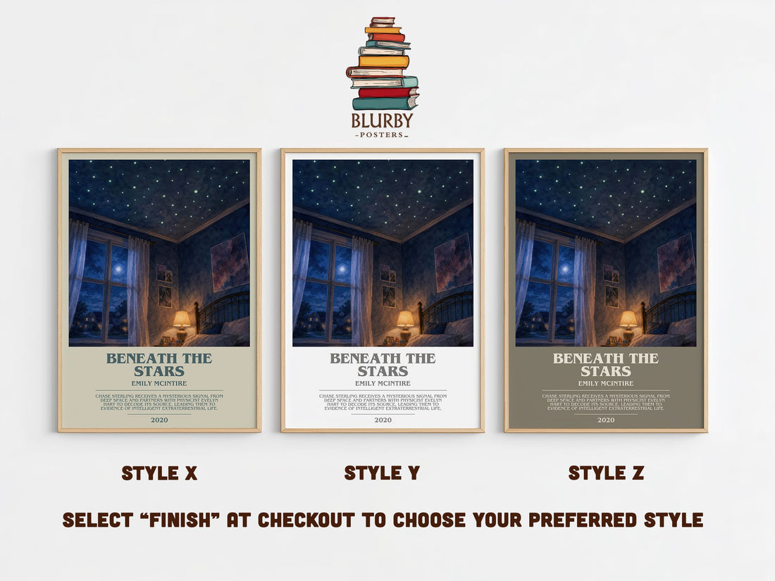 Beneath the Stars bookish print in frame leaning in hallway – romance wall art (mockup)