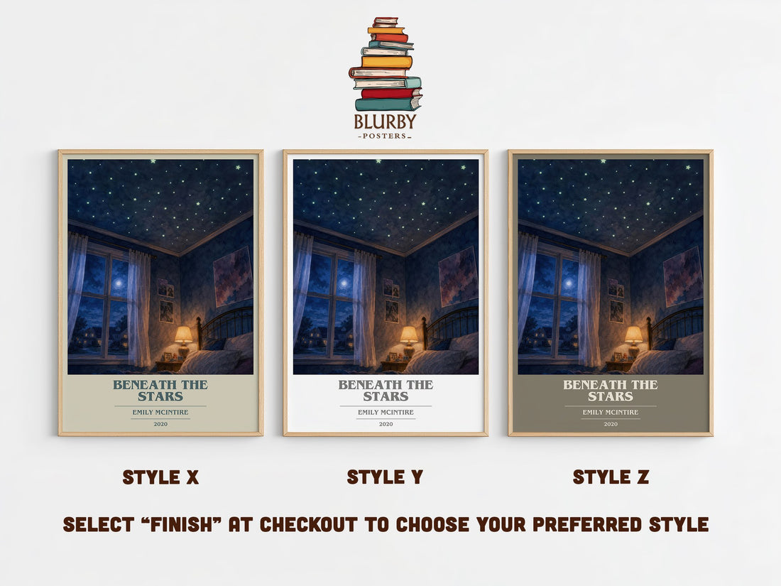Beneath the Stars book cover print in frame leaning in hallway – romance wall art (mockup)