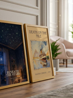 Beneath the Stars watercolour print framed by window – literary home decor