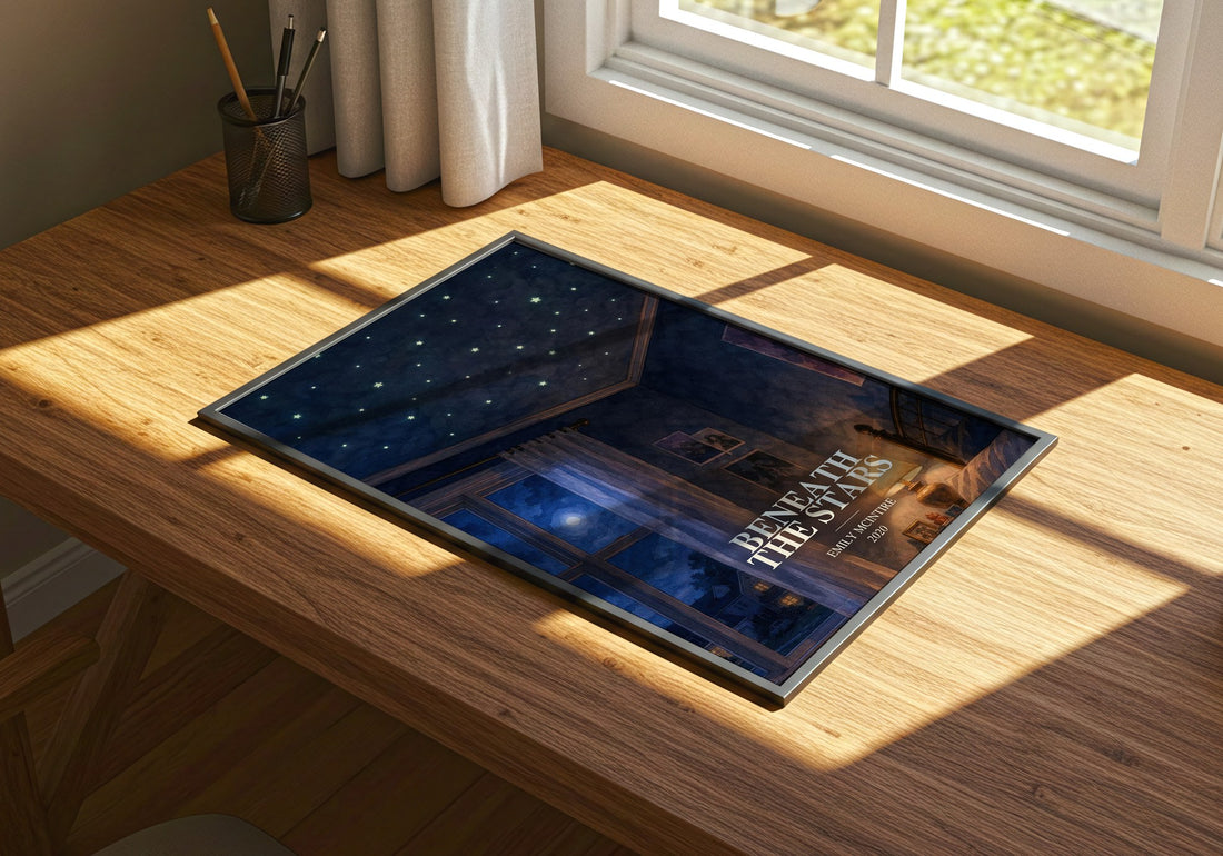 Beneath the Stars watercolour book poster framed on wall – romance wall art