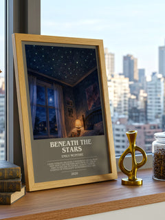 Beneath the Stars bookish print framed by window – literary home decor