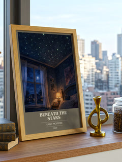 Beneath the Stars book cover print framed by window – literary home decor