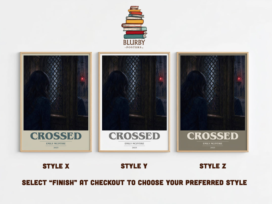 Crossed book cover print in frame leaning in hallway – fantasy wall art (mockup)