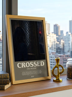 Crossed bookish print framed by window – literary home decor