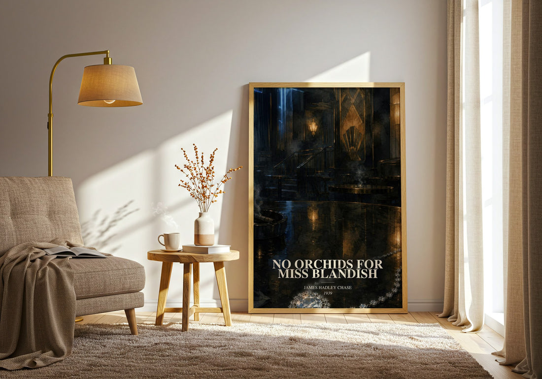 No Orchids for Miss Blandish watercolour print in frame leaning in hallway – crime wall art