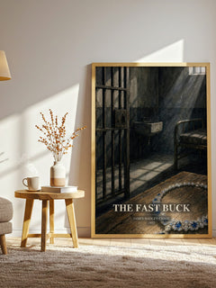 The Fast Buck watercolour print in frame leaning in hallway – crime wall art
