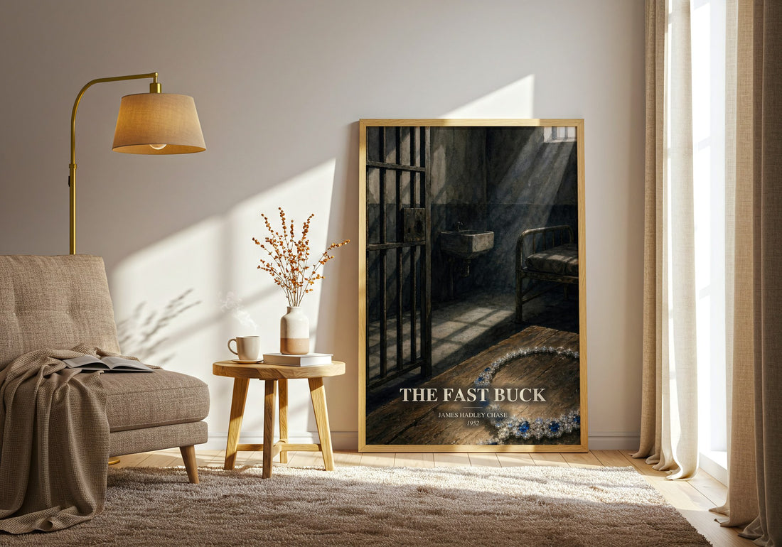 The Fast Buck watercolour print in frame leaning in hallway – crime wall art