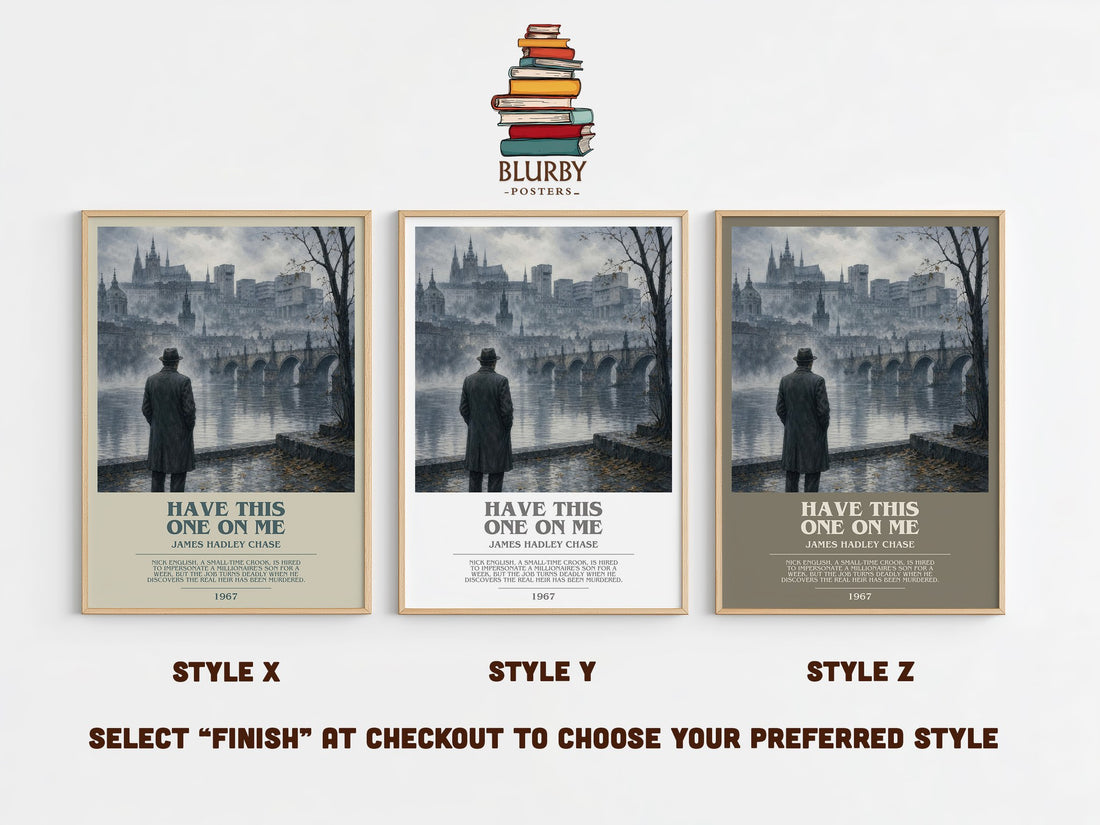 Have this one on me bookish print in frame leaning in hallway – crime wall art (mockup)