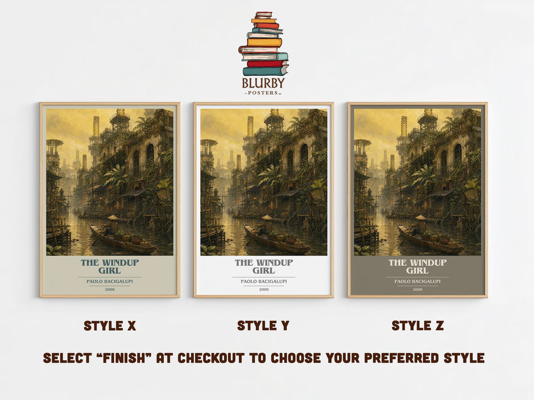 The Windup Girl book cover print in frame leaning in hallway – sci fi wall art (mockup)