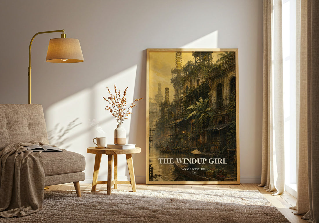 The Windup Girl watercolour print in frame leaning in hallway – sci fi wall art