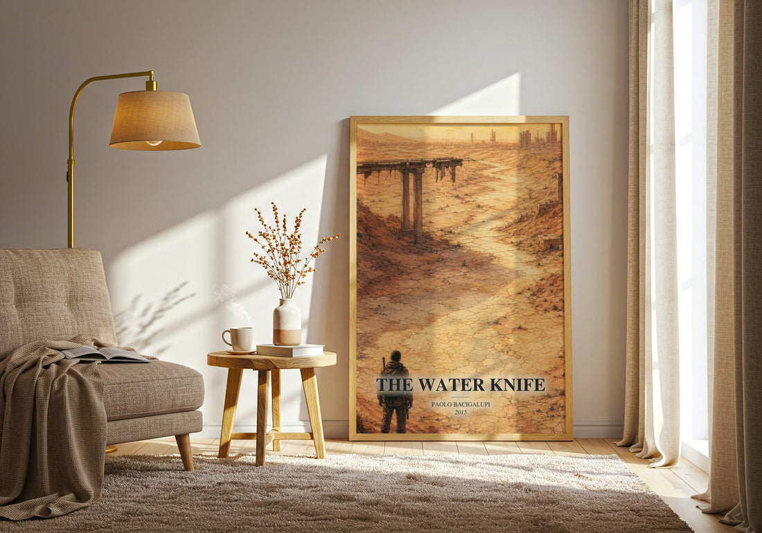 The Water Knife watercolour print in frame leaning in hallway – dystopian wall art