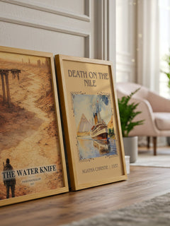 The Water Knife watercolour print framed by window – literary home decor