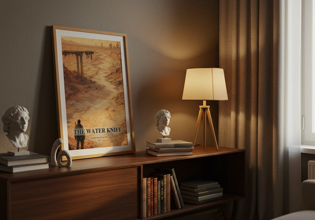 The Water Knife watercolour print on bookshelf – Paolo Bacigalupi fan gift
