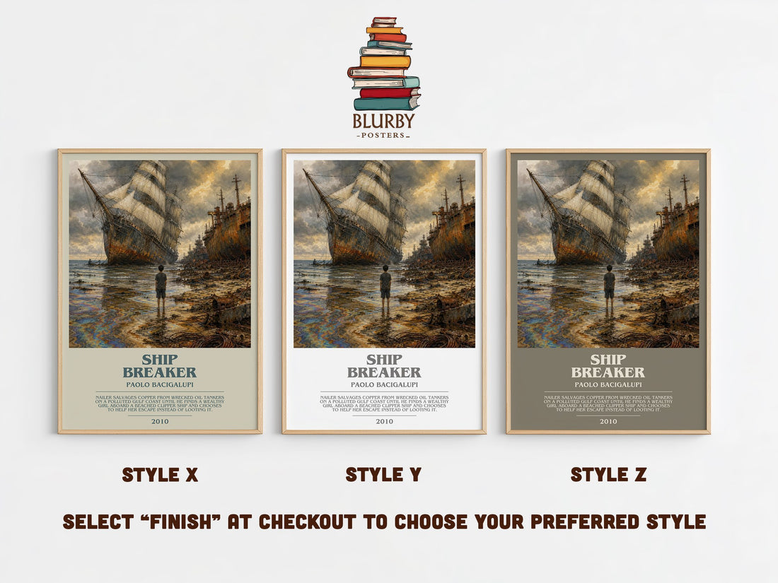 Ship breaker bookish print in frame leaning in hallway – dystopian wall art (mockup)