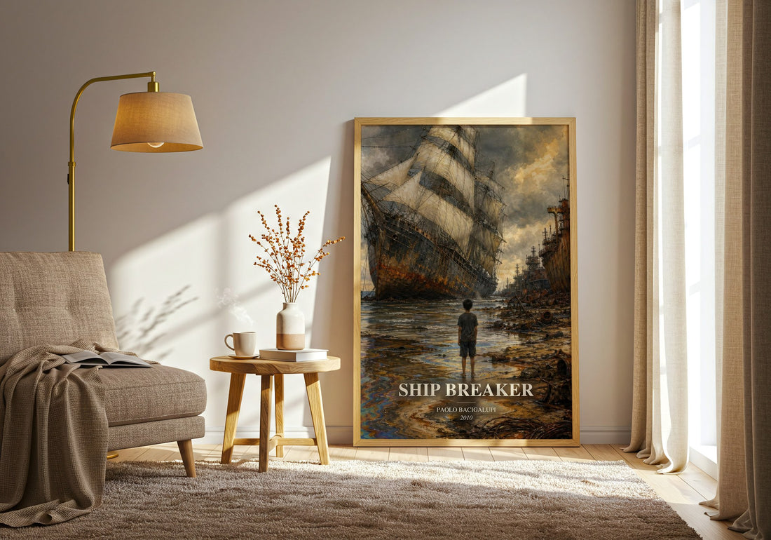 Ship breaker watercolour print in frame leaning in hallway – dystopian wall art