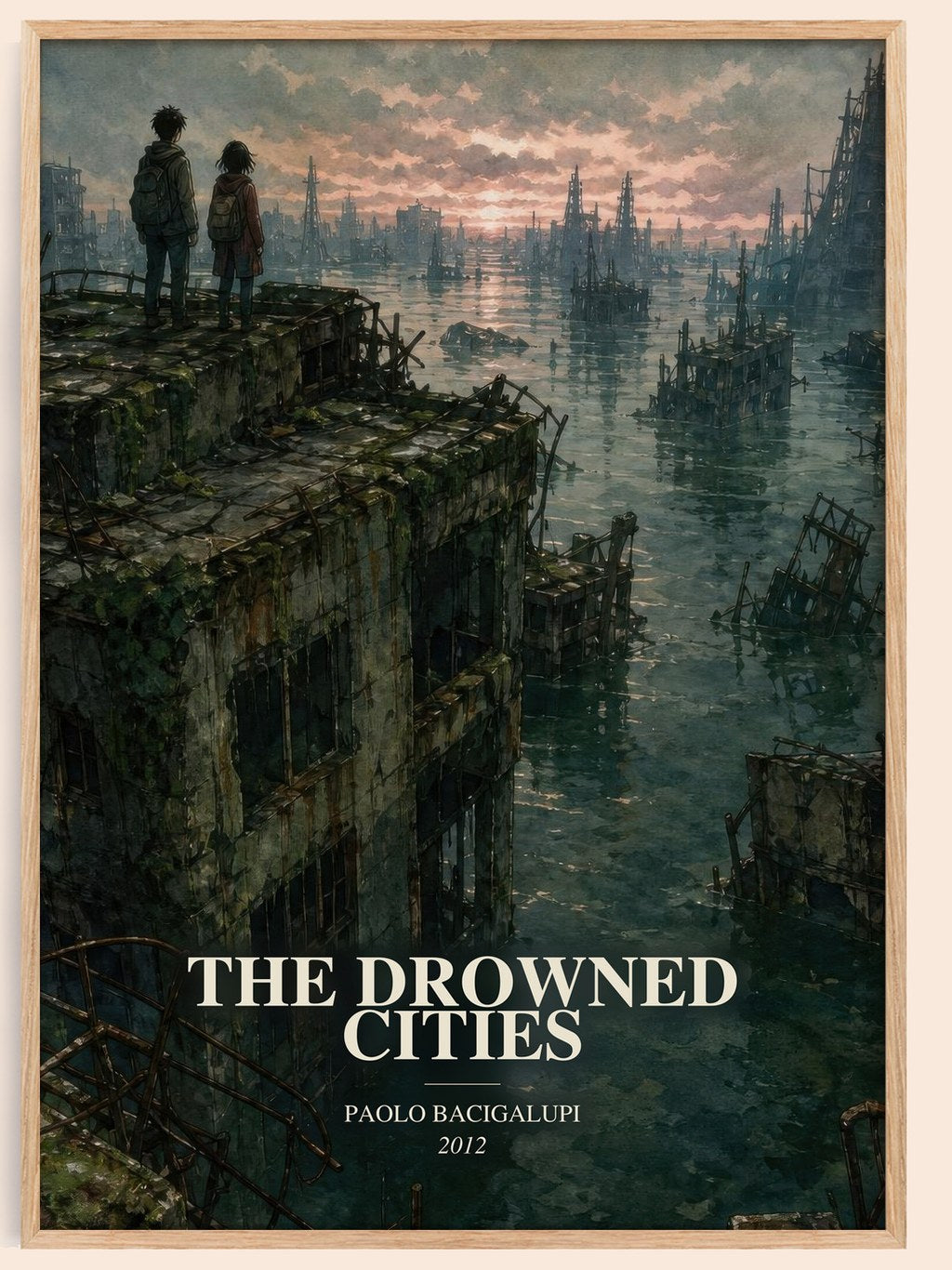 The drowned cities watercolour book poster by Paolo Bacigalupi – framed literary art print