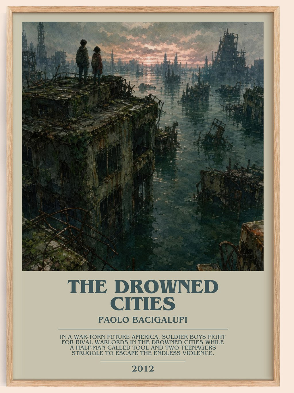 The drowned cities bookish book poster by Paolo Bacigalupi – framed literary art print
