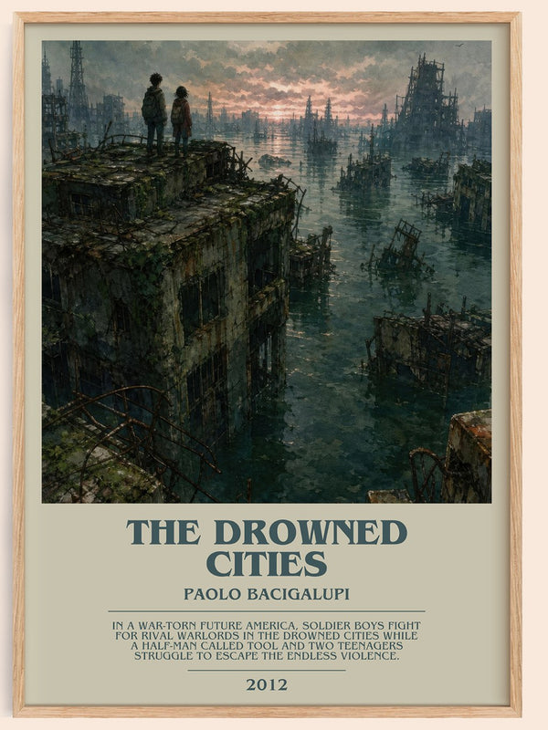 The drowned cities bookish book poster by Paolo Bacigalupi – framed literary art print