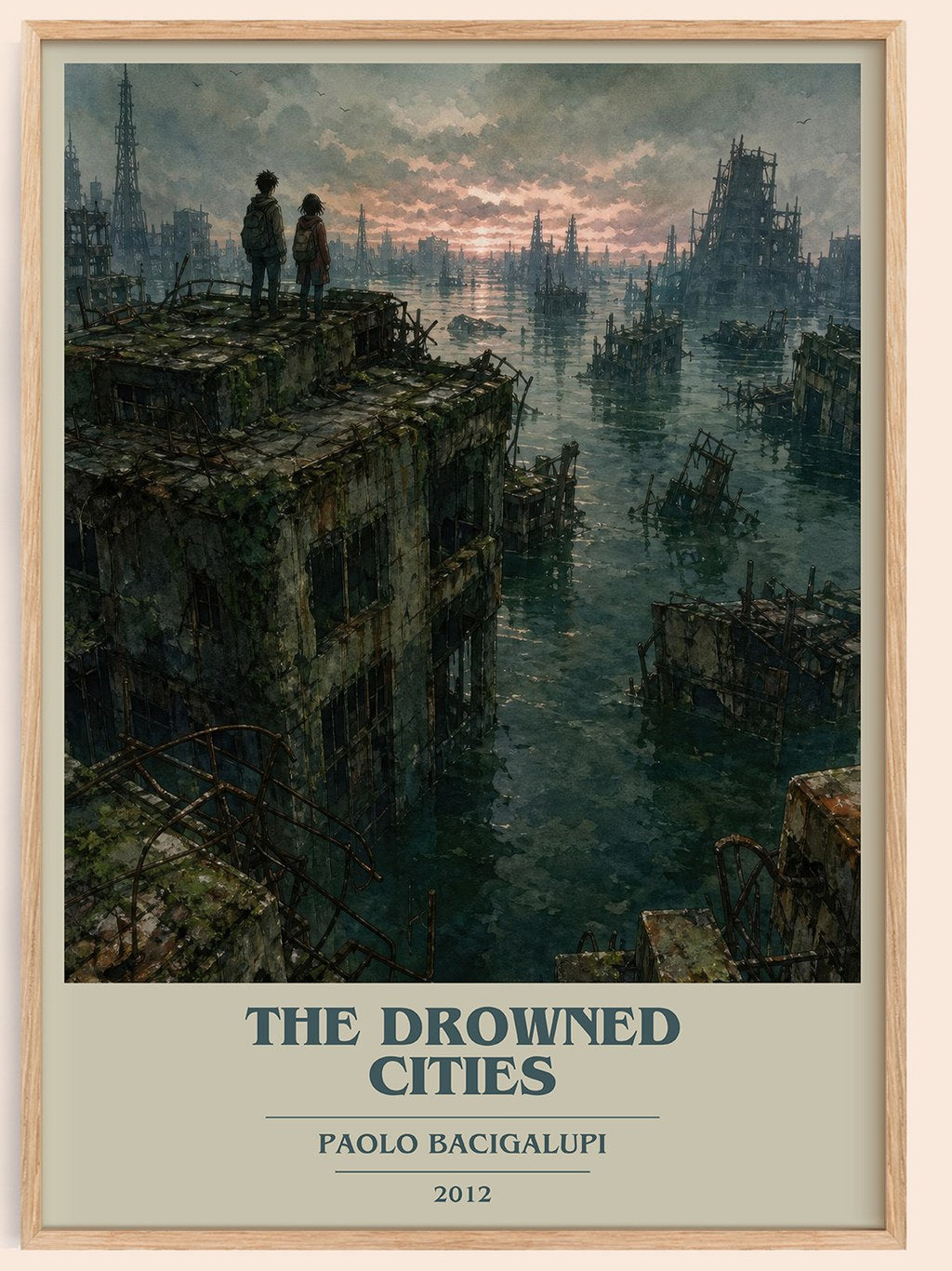 The drowned cities book cover book poster by Paolo Bacigalupi – framed literary art print