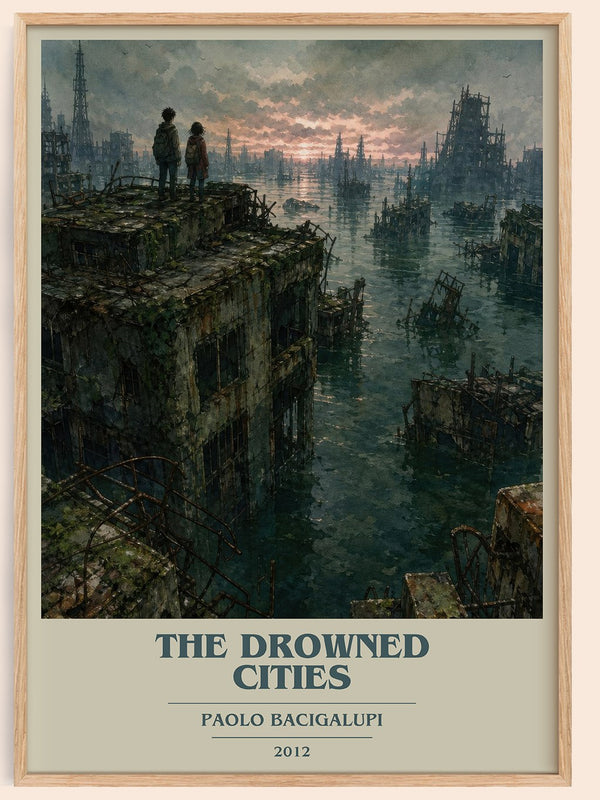 The drowned cities book cover book poster by Paolo Bacigalupi – framed literary art print