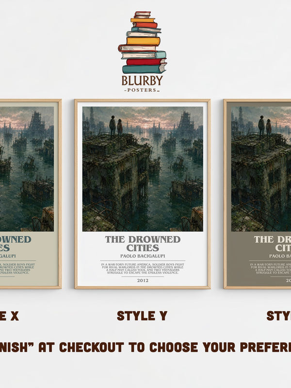 The drowned cities bookish print in frame leaning in hallway – dystopian wall art