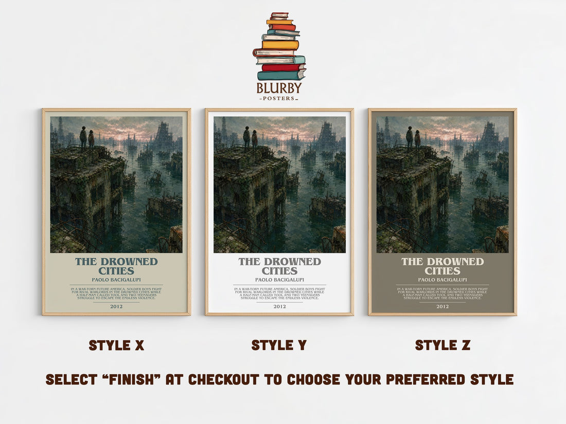 The drowned cities bookish print in frame leaning in hallway – dystopian wall art (mockup)
