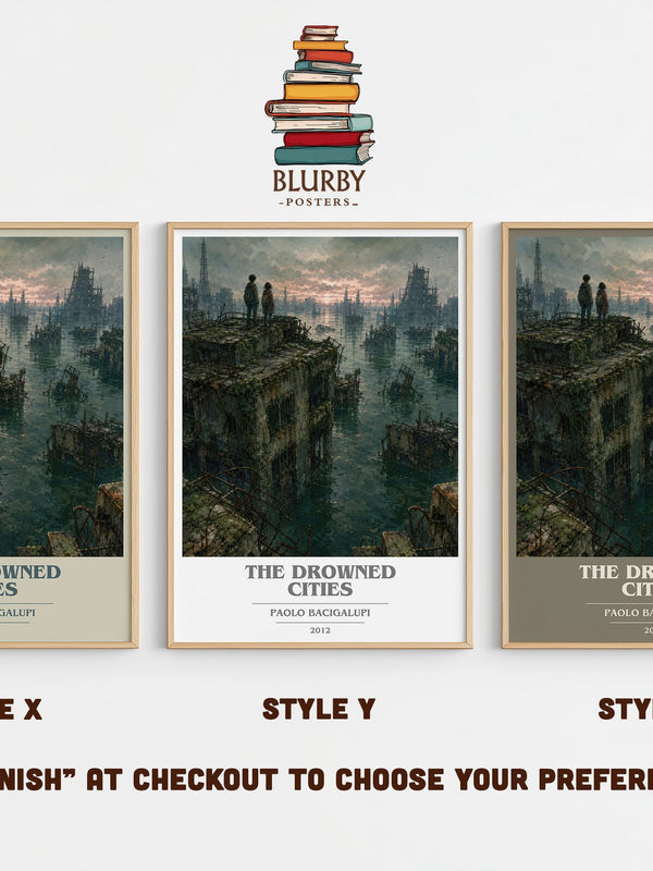 The drowned cities book cover print in frame leaning in hallway – dystopian wall art