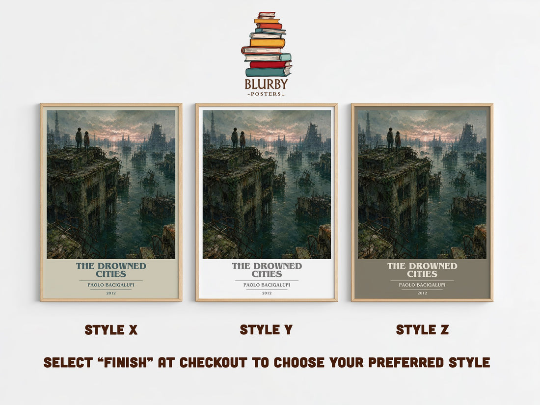 The drowned cities book cover print in frame leaning in hallway – dystopian wall art (mockup)