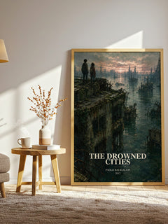 The drowned cities watercolour print in frame leaning in hallway – dystopian wall art