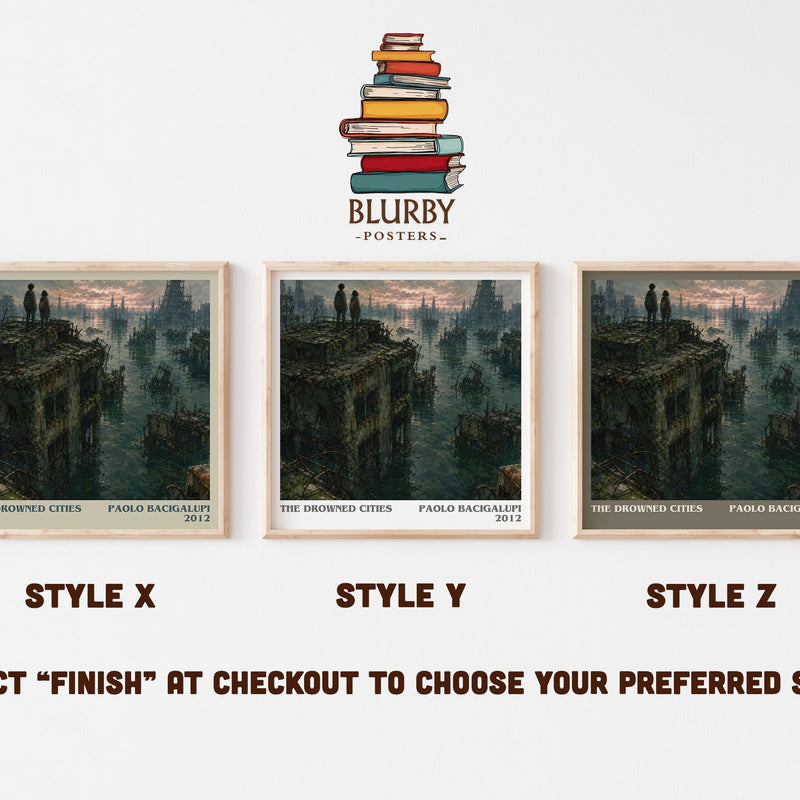 The drowned cities literary print in frame leaning in hallway – dystopian wall art