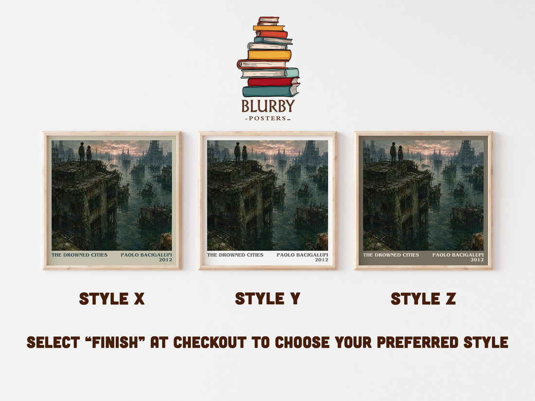 The drowned cities literary print in frame leaning in hallway – dystopian wall art (mockup)