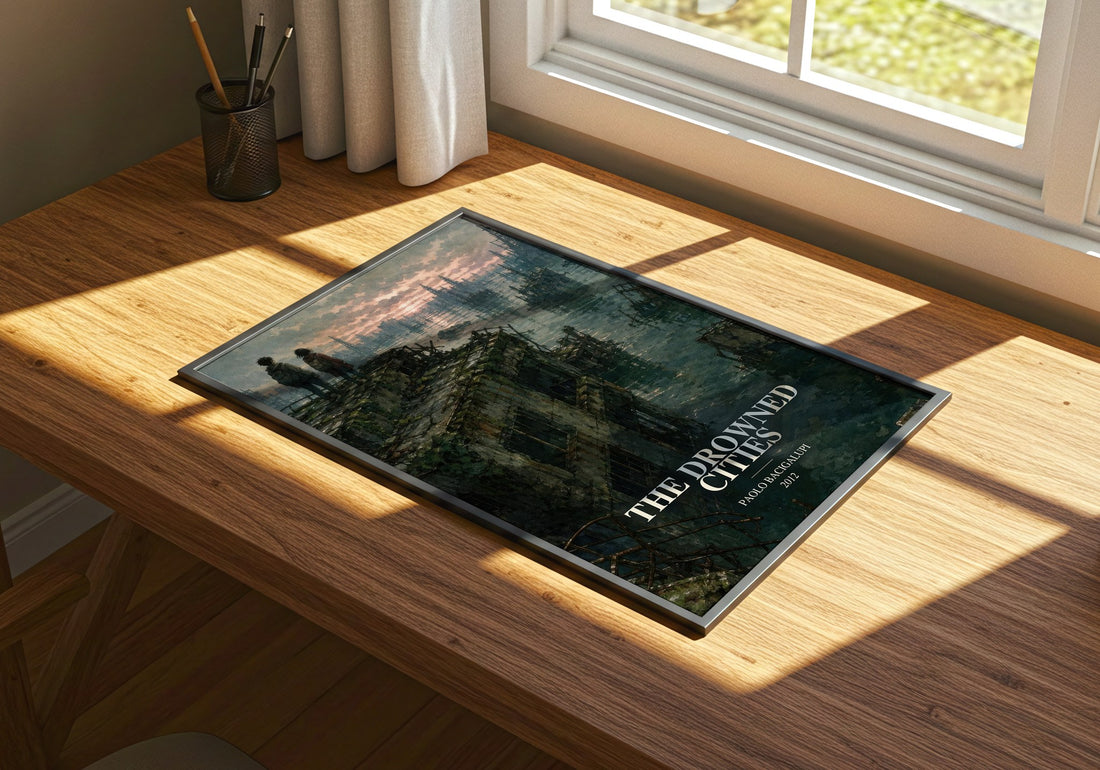 The drowned cities watercolour book poster framed on wall – dystopian wall art